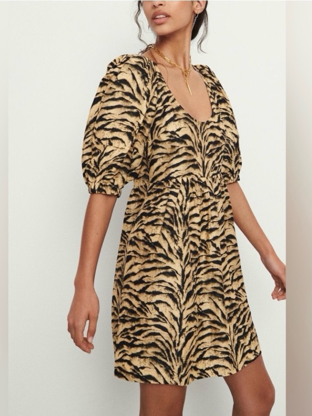 ba&sh Tiger-Print Zola Puff-Sleeve Mini Dress - Tan & Black linen blend M fall